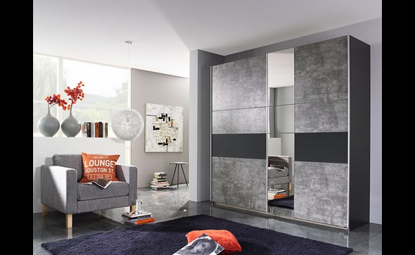 Armoire-2-portes-1-miroir-Korbach-decor-beton-gris-218cm-Rauch