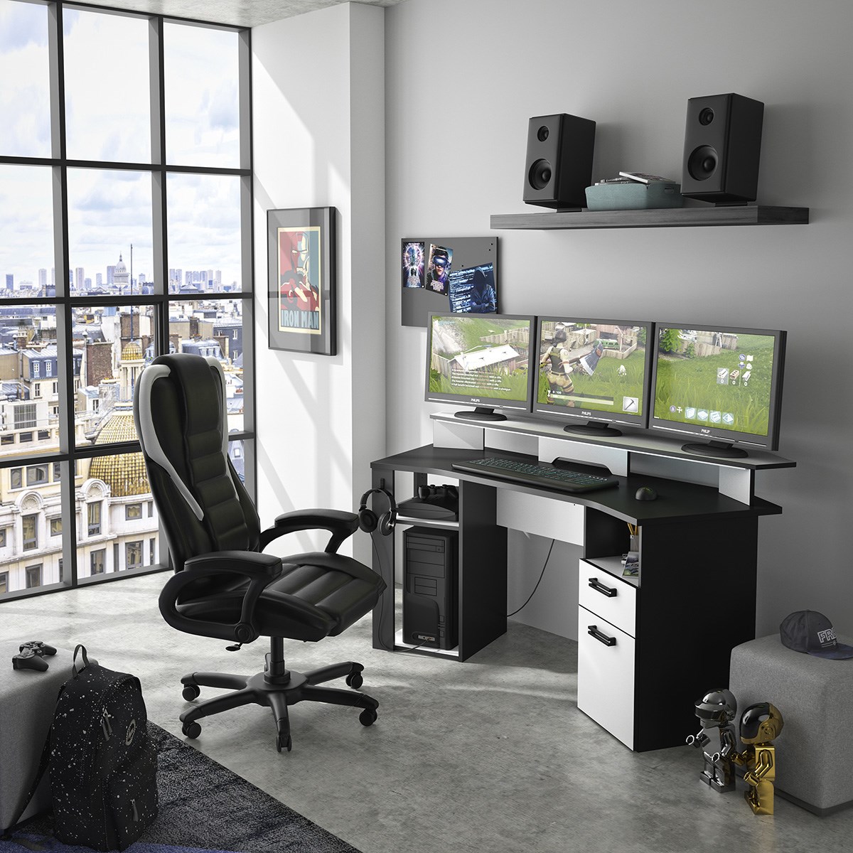 Bureau gamer - furox - 160 cm - noir / blanc - style moderne